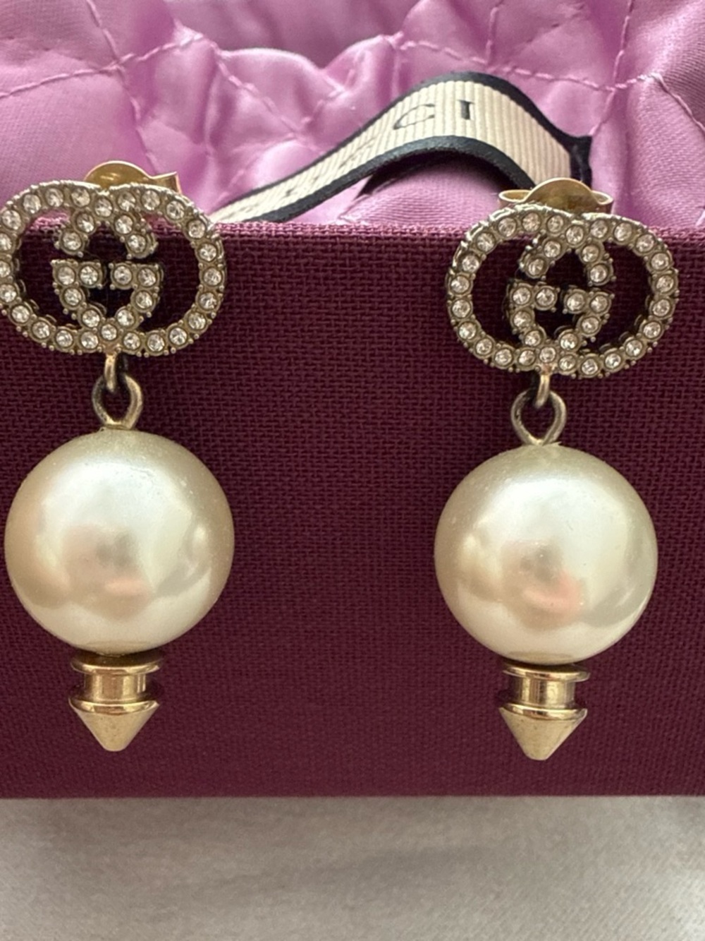 Gucci-Inspired Gold & Pearl Drop Earrings with Crystal GG Motif